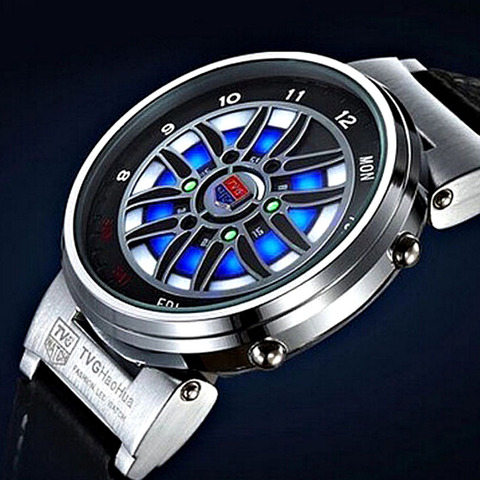 TVG Unique Creative Car Roulette Rim Watches Men Blue Led Binary Watches Leather Band Electronic Wristwatches Men Sports Watches ► Photo 1/6