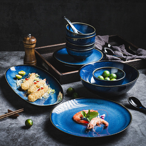 KINGLANG Japanese Blue kiln glazed ceramic tableware set rice bowl plate spoon Udon Ramen soup bowl dish ► Photo 1/5