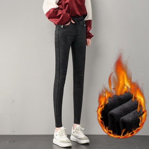 New Autumn Winter Women Thick Velvet Jeans Pocket Webbing Warm Snowflake Pencil Pants Elastic Straight Leggings Skinny Jeggings ► Photo 1/6