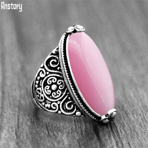 Flower Band Oval Opal Rings For Women Vintage Look Antique Silver Plated Personality Fashion Jewelry ► Photo 1/6