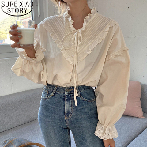 Vintage Casual Elegant Tops 2022 New Women Hollow Out Women Shirts Solid Long Sleeve Korean Style Bow Loose Blouses Blusas 9580 ► Photo 1/6