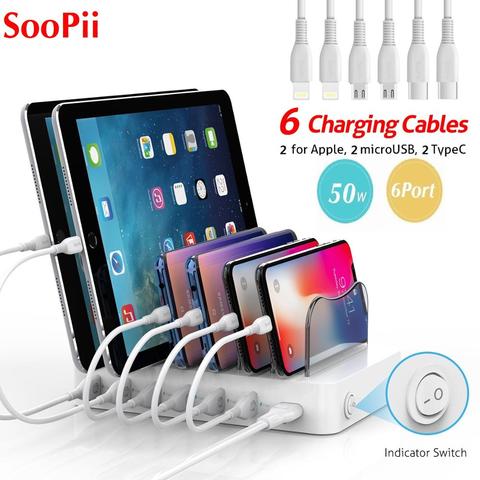 Soopii 50W/10A 6-Port USB Charging Station for Multiple Devices, Dock Station with 6 Cables Included(2 IOS 2 Micro 2 Type-C) ► Photo 1/6