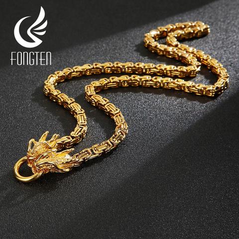 Fongten Dragon Head Charm Pendant Necklace Punk Stainless Steel Curb Square Link Chain Long Necklaces Men Fashion Jewelry ► Photo 1/6