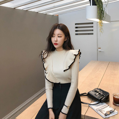 Vintage Ruffles Short Knitted Sweater Women Women Sweater O Neck Long Sleeve Pullovers Chic Sweet Tops ► Photo 1/5