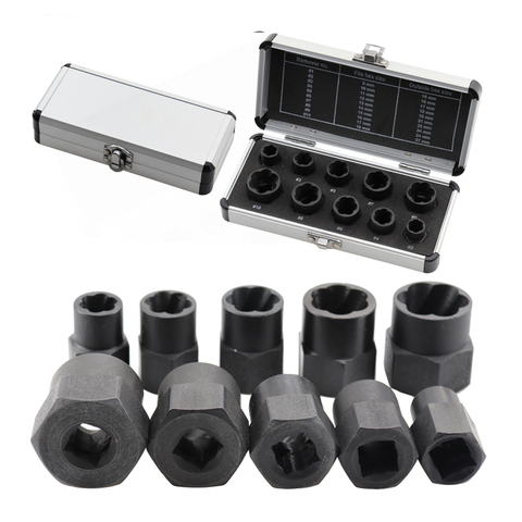10Pcs/Set Bolt Extractor Removal-Set Nut-Screw-Remover Threading Hand Tools Kit Nut Removal Socket Tool 9-19mm With Aluminum Box ► Photo 1/6