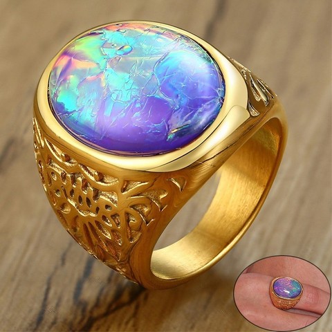 Vnox Stylish Mens Opal Ring Bright Colorful Solitaire Oval Stone Male Jewelry Stainless Steel Anel Alliance Accessory ► Photo 1/6