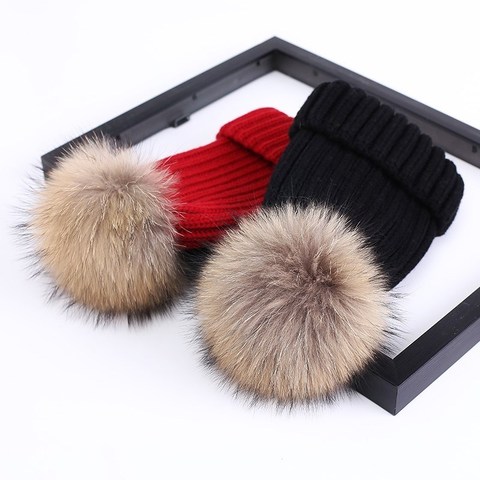 Winter Girls Boys Fur Pom Pom Beanies Hats Cotton Beanies Cap For Baby Lovely Winter Knitted Hats With Fur PomPom Hats Kids ► Photo 1/3