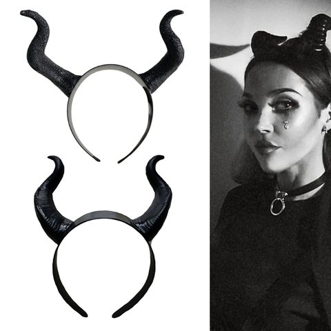 Halloween Witch Black Long Ox Horn Headband Movie Demon Evil Queen Glitter Hair Hoop Gothic Cosplay Costume Headpiece ► Photo 1/6