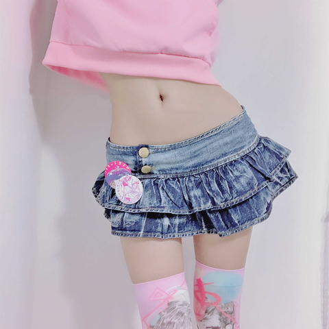 Japanese Girl Pleated Super Mini Denim Skirts Low Waist A Line Bud Skirts Solid Night Club Party Wear Skirt Punk Style ► Photo 1/5