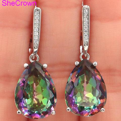 35x13mm Deluxe Water Drop Shape 18x13mm Fire Rainbow Mystic Topaz CZ Ladies Silver Earrings ► Photo 1/5