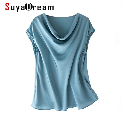 SuyaDream Women Silk Blouses Set 93%Silk 7%Spandex Solid Short Bat Sleeves Draped Collar Blouse Shirt 2022 Spring Summer Shirt ► Photo 1/6