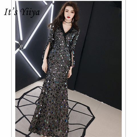 It's Yiiya Evening Dress Elegant V-Neck Three Quarter Women Party Night Dresses Blue Sequins Floor Length Robe De Soiree E793 ► Photo 1/1