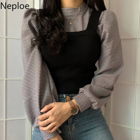 Neploe Women Elegant Sets Half Turtleneck Lantern Long Sleeve Pullover Blouse + Slim Knitted Short Vest 2022 Fahsion Suits 55701 ► Photo 1/6