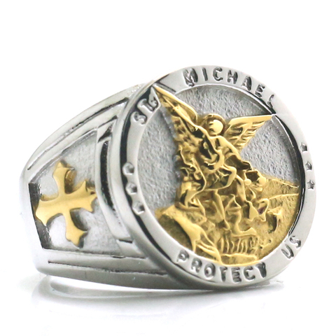 Size 6 To size 15 Unisex Cross Saint Michael Protect US 316L Stainless Steel Ring ► Photo 1/4