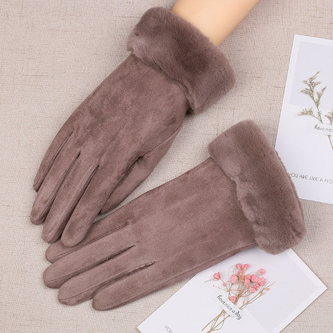 Women Plus Thick Velvet Plush Wrist Simple Suede Leather Touch Screen Driving Gloves Winter Female Warm Sport Cycling Mitten I33 ► Photo 1/6