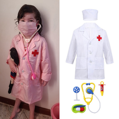 Kids Scrubs Uniform Boys Girls Surgeon Halloween Cosplay Costume Surgical Veterinary Lab Coats Gown Hat Pink Tools Accessories ► Photo 1/6