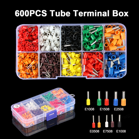 600pcs/box AWG22-14 0.5-2.5mm2 Tube Terminal Kit Set Insulated Wire VE Crimp Terminals Connector E1508 E1008 E2508 E7508 E0508 ► Photo 1/6