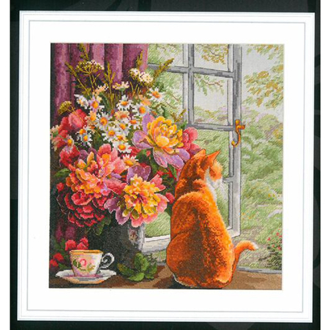 Gold Collection Counted Cross Stitch Kit Summer Afternoon Windowsill Bouquet kitten Cat Tea ► Photo 1/5