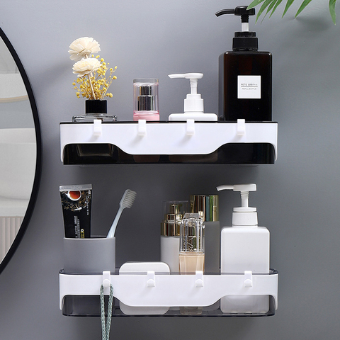 Wall-mounted Storage Rack Bathroom Shelf  For Kitchen With Hooks Storage Bathroom Accessories Without Drill Plastic Container ► Photo 1/6