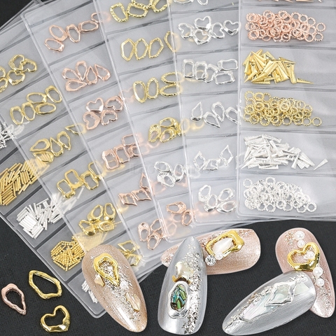 Mix 6 Shapes Various Curved Bar Irregular Metal Heart Frame Leaf Frosted Studs Alloy Nail Art Rhinestone Ornaments Tips DIY ► Photo 1/6