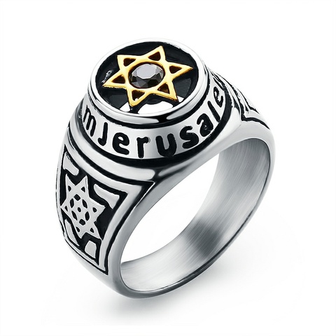 Valily Men's Jerusalem Ring Six-Star Hexagon Ring Red Stone Stainless Steel Religious Holy Place Silver--Color Ring for Men ► Photo 1/6