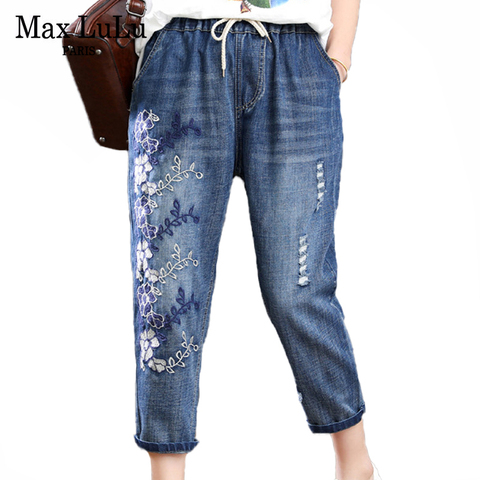 Max LuLu 2022 New Summer Fashion Ladies Floral Jeans Womens Luxury Embroidery Denim Trousers Female Ripped Elastic Harem Pants ► Photo 1/6