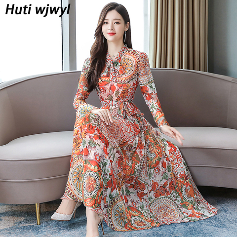 2022 Vintage 3XL Plus Size Boho Midi Dress Autumn Winter Print Chiffon Beach Dress Women Full Sleeve Casual Party Maxi Vestidos ► Photo 1/6