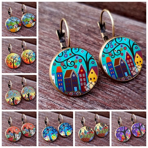 New Arrival Colorful House and Tree Women Stud Earring  Abstract Oil Painting House Glass Cabochon Womens Earrings ► Photo 1/6