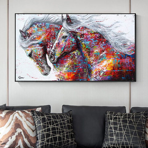 Modern Posters and Prints Graffiti Two Running Horses Wall Art Canvas Painting Animal Pictures for Living Room Home Design ► Photo 1/6