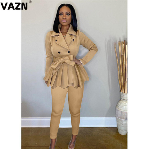 VAZN New Women Set Turn Down Collar Full Sleeve Ruffles Blazers Pencil Pants Suit Two Piece Set Office Lady Outfits Uniform ► Photo 1/6