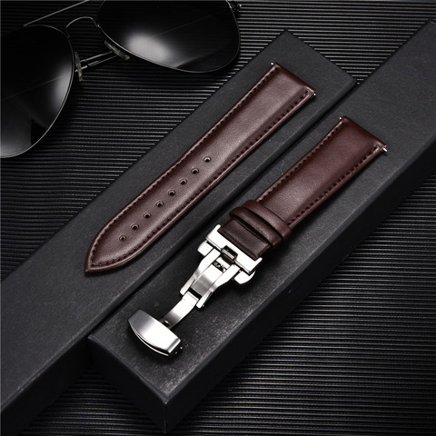 Smooth Genuine Calfskin Leather Watchband 18mm 20mm 22mm 24mm Straps with Solid Automatic Butterfly Buckle Business Watch Band ► Photo 1/6