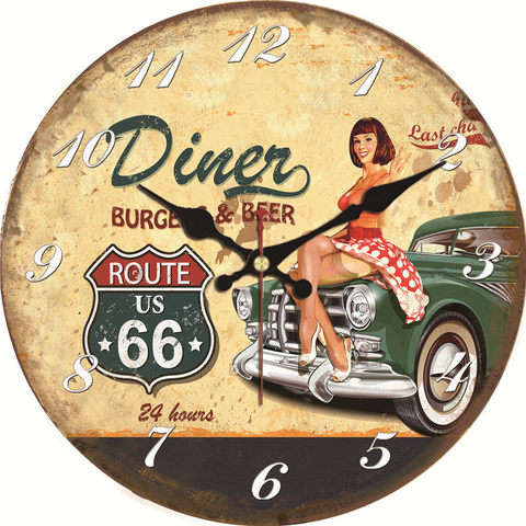 Garage Wall Clock Retro Yellow Route US 66 Car Creative Wooden Wall Clock Arab Numeral Non Ticking Shabby Clock Chic ► Photo 1/1