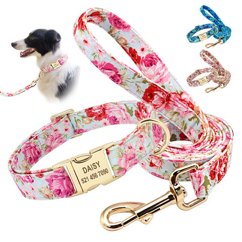 Personalized Printed Dog Collar Leash Set Customized Nylon Pet Collar Leash Free Engraved Nameplate For Small Medium Large Dogs ► Photo 1/6