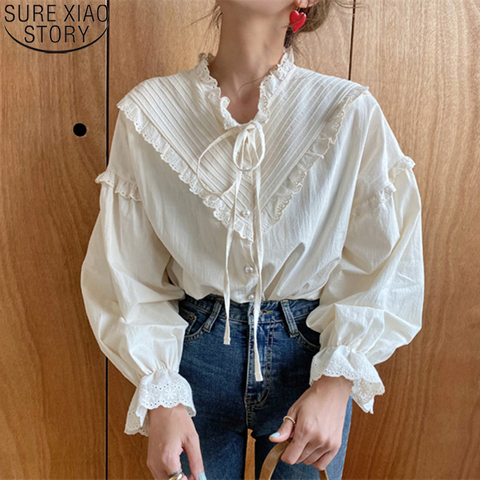 2022 New Women Hollow Out Vintage Casual Elegant Tops Women Shirts Solid Long Sleeve Korean Style Bow Loose Blouses Blusas 9580 ► Photo 1/6