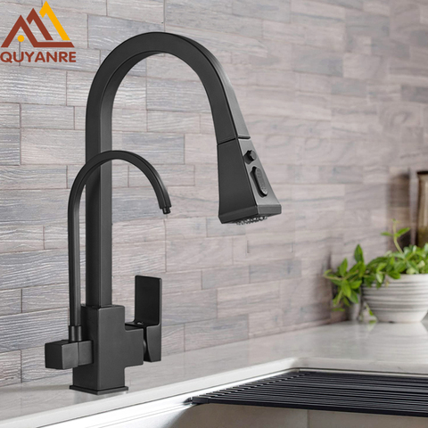 Quyanre Matte Black Square Filtered Kitchen Faucet Pull Out 360 Rotation Hot Cold Water Crane For Kitchen Drinking Water Taps ► Photo 1/6