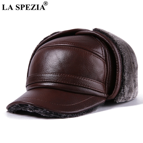 LA SPEZIA Winter Bomber Hat Men Russian Brown Leather Ushanka Cap With Ear Flaps Fur Warm Genuine Cow Leather Brand Baseball Cap ► Photo 1/6