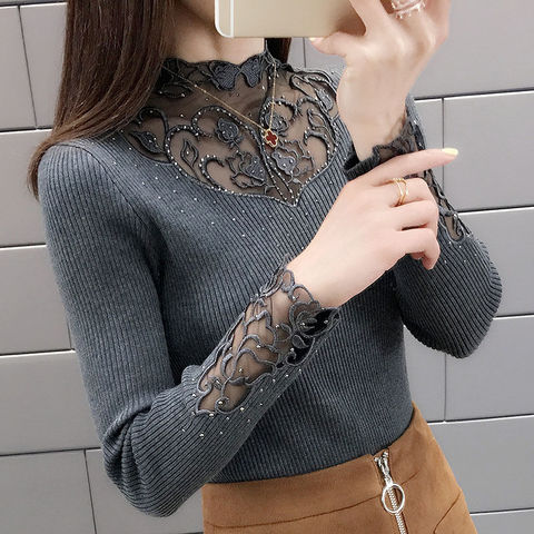 Sexy Lace Collar Patchwork Women Pullover Sweater Autumn Half Turtleneck Long Sleeve Knitted Top Lady Hot Drill Bottoming Jumper ► Photo 1/6