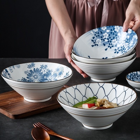 Ramen Bowl Japanese Ceramic Tableware 8 Inch Horn Bowl of Ramen Bowls Soup Hot Creative ► Photo 1/5