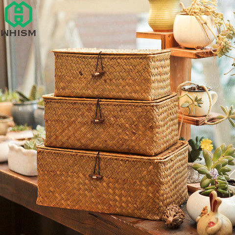 WHISM Woven Storage Basket with Lid Rattan Sundries Storage Box Wicker Basket Handmade Sorting Boxes Seagrass Jewelry Organizer ► Photo 1/5