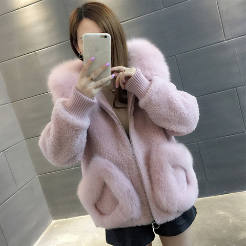 High Quality Winter Women Sheep Shearing Short Limitation Lamb Hair Furs Coat Loose Warm Faux Fox Fur Collar Hooded Outerwear ► Photo 1/6