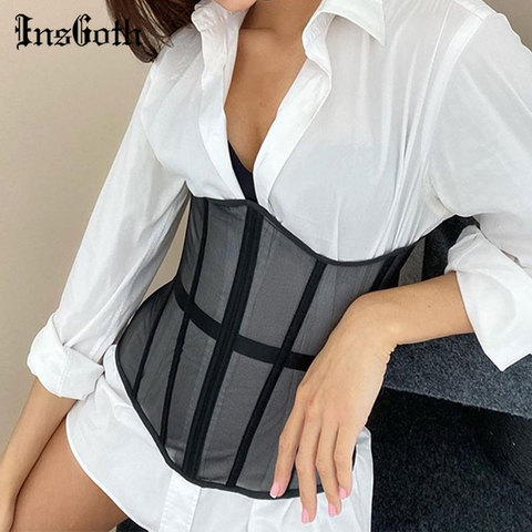 InsGoth Women Waist Trainer Cincher Girdles Sexy Black Mesh Corset Goth Vintage Slim Body Belts Streetwear See Through Corset ► Photo 1/6