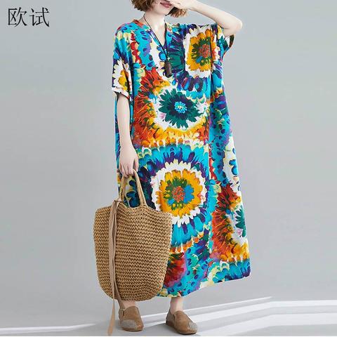 Plus Size Boho Flower Summer Dress 2022 Cotton Linen 4XL 5XL 6XL 7XL Dresses for Women Maxi Long Bohemia Holiday Woman Dress ► Photo 1/6