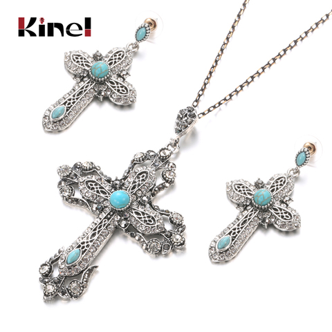 Kinel Vintage Tibetan Silver Cross Necklace Earrings For Women Jewelry Sets Natural Stone Crystal Boho Ethnic Wedding Jewelry ► Photo 1/6