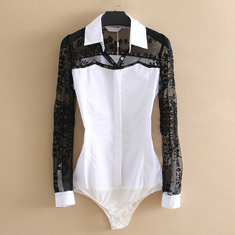 Office Ladies Fashion Lace Patch White Bodysuit Cotton Blouse Women Turn-down Collar Hollow Out Lace Long Sleeve Body Shirt ► Photo 1/6