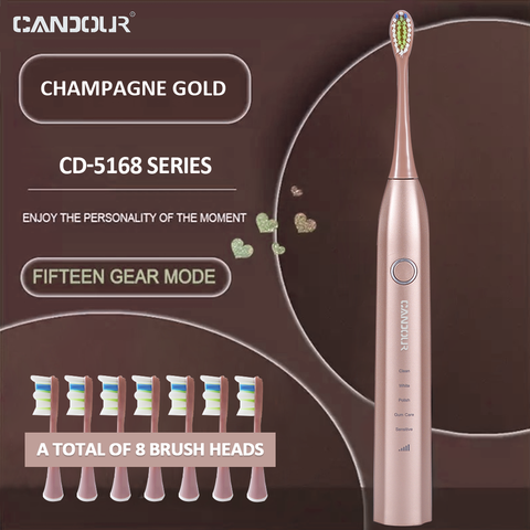CANDOUR CD-5168 Sonic Electric Toothbrush Rechargeable Toothbrush IPX8 Waterproof 15 Mode USB Charger Replacement Heads Set ► Photo 1/6
