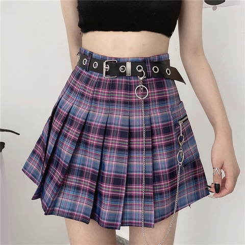 2 Colors New Summer Harajuku Kawaii Pleated Skirt Female Gothic Skirts Gaming Girls Cosplay Plaid Skirt Mujer with Belt Chain ► Photo 1/5