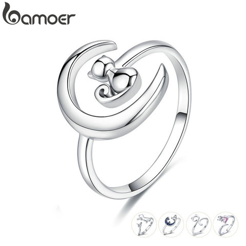 BAMOER Authentic 925 Sterling Silver Moon Cat Open Size Adjustable Finger Rings for Women Wedding Engagement Jewelry SCR451 ► Photo 1/6