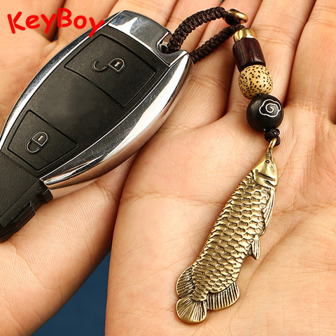 Dragon Fish Figurine Pendants for Keychain Pure Brass Arowana Car Key Chain Lanyard Hangings Jewelry Vintage Lucky Rope Keyrings ► Photo 1/6