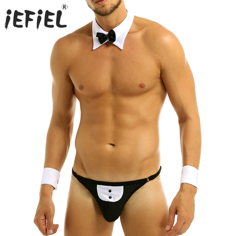 iEFiEL Sexy Mens Waiter Lingerie Suit Clubwear T-Back Tuxedo Costume String Homme Thong Jockstraps Underwear with Bow Tie Collar ► Photo 1/6
