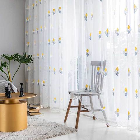 Nordic Style Embroidered Tulle Window Treatment Curtains for Living Room Bedroom Rhombus Sheer Voile Curtain for Kitchen Blinds ► Photo 1/6